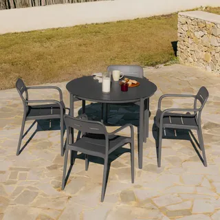 Sklum Runder Esstisch Ø110 Cm Aus Aluminium Elton Und 4 Stapelbare Gartenstühle Aus Polypropylen Graneli Grau Graphit