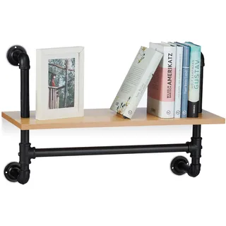 Relaxdays Wandregal Industrie, 1 Ablage, Wandmontage, Bücherregal, Holz, Vintage, Retro-Look, HBT 41,5x60x24 cm, natur