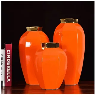Quality Elegance Dekovase Keramik Vasen – Modern, Sechseckig, Blau oder Orange mit Goldrand (3 tlg), Keramikvase Set