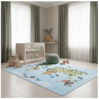 KADIMA DESIGN Kinderteppich Waschbar Weltkarte-Tiere TRAUN Strapazierfähig OEKO-TEX | Gr.: 160 x 230 cm