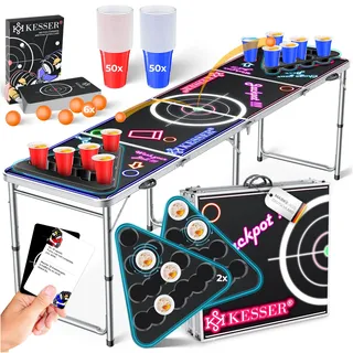 KESSER® Bier Pong Tisch Set LED mit Kartenspiel, Table Höhenverstellbar & Klappbar, Trinkspiel inkl. 100 Becher (50 Rot & 50 Blau), 6 Bälle & Regelwerk, Partyspiel, 2X Becherablagen