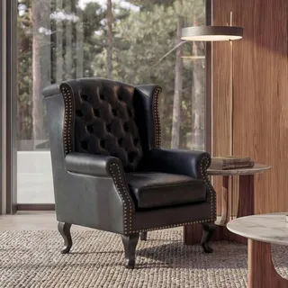 Mendler Sessel Relaxsessel Clubsessel Ohrensessel Chesterfield-AM, Kunstleder - schwarz ohne Ottomane