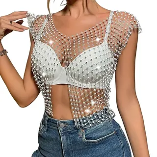 Damen Strass Crop Weste Gabelung Hohl Fischnetz Tank Top Ärmellos Entworfen für Urlaub und Party Gebrauch (S Weiß2)