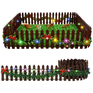 Sprinlot Mini Holz Zaun, Kaffeefarben Miniatur Deko Holzzaun, Beleuchtung Mini Gartenzaun, Deko Miniatur Zaun mit Lichtern Bunt