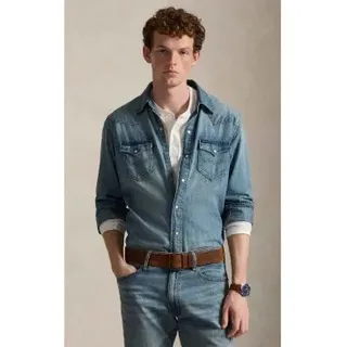 Polo Ralph Lauren für Herren. 710703936001 Blaugeflammtes Denim-Westernhemd (XL), Lässig, Baumwolle, Klassisch, Langarm