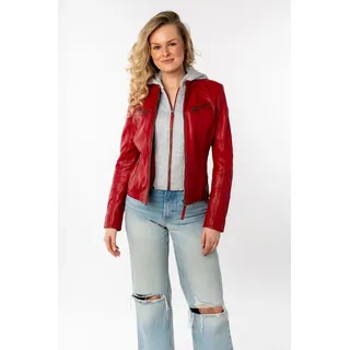 Lederjacke MAURITIUS "NOLA", Damen, Gr. S (36), rot, Obermaterial: 100% Schafsleder. Futter: 100% Baumwolle. Kapuze: 52% Polyester, 48% Baumwolle. Ärmelfutter: 100% Polyester, kontrastfarbene Details, sehr figurbetont kurz, Rundhals, 2-Naht-Ärmel mit Reißverschluss, Jacken, Two-in-One Style - mit abnehmbarer Jersey-Kapuze