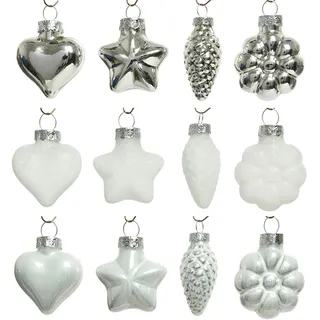 Christmas Decoration Weihnachtskugeln Glas 4cm x 12 Stück Mix Herzen Sterne Zapfen Blumen Silber/weiß