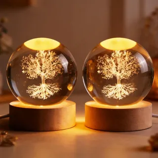 2 Stk 3D Kristallkugel Nachtlicht: Lebensbaum Glaskugel Lampe Ø60mm USB 3D Gravur Lebensbaum Nachtlicht, Glaskugel Nachtlampe mit LED Holzsockel für Weihnachten Erntedankfest Valentinstag Wohnkultur