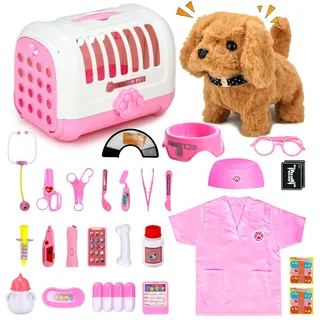 UBeesize 31Pcs Arztkoffer Kinder mit Elektrischer Hund Spielzeug der Läuft und Bellt, Interaktiver Hund Echt Stethoskop, Thermometer für Tierarzt Spielzeug Arztkoffer Kinder ab 3-5 Jahre Rosa