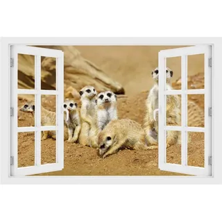 DesFoli Wandtattoo Erdmännchen-Familie in der Wildnis - verschiedene Rahmentypen DW000057 Farbe Fensterrahmen Querformat, Größe 150 cm x 100 cm