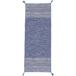 Läufer CARPETFINE "Kelim Azizi" Teppiche Gr. B/L: 80 cm x 400 cm, 5 mm, 1 St., blau Kurzflor-Läufer Baumwolle, Wendeteppich mit Fransen, Wohnzimmer