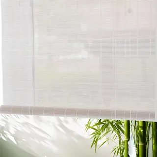 Weiß Natur Bambus Rollo,Retro Raffrollo Holzrollo Seitenzugrollo 55% Blickdicht Jalousien,Verdunkelungsrollos,Sichtschutz Sonnenschutz Für Garten/Balkon/Küche,,Anpassbar (Y,60x90cm/24x36in)