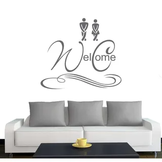 Klebesüchtig Wandtattoo Wohnzimmer WC Welcome 30cm x 26cm Silber - Türaufkleber Flur - Wandsticker Kinderzimmer Jungen - Aufkleber für Flur, Küche, Bad - Dekoration Wohnung - Sticker