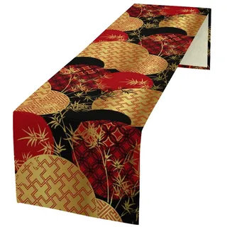 Japanischer Tischläufer, asiatischer chinesischer Luxus, rot/schwarz, goldfarben, Bambusblätter, Tischdecke für Esstisch, Urlaub, Party, Dekoration, orientalische Dekoration, 33 x 178 cm
