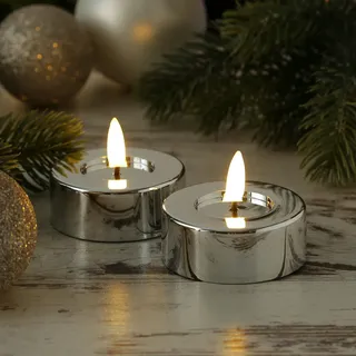 MARELIDA LED Maxi Teelichter flackernd D: 6,5cm silber glänzend 2er Set