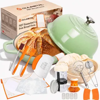 Gusseisen Topf Brot Backen, Schmortopf Gusseisen Topf mit Deckel, Dutch Oven Brotbacktopf mit Gärkorb Einschneider Teigmischer Brotbackform für Schmoren, Braten, Sauerteig Starter Set