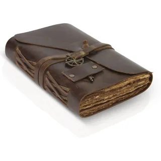 Wanderings Vintage Notizbuch Leder - 18 x 13cm - Antikes, Handgemachtes Leder Notizbuch mit Rustikalem Büttenrandpapier - Perfekt zum Gestalten, als Skizzen, Erinnerungs, Tagebuch