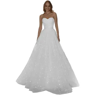 Frauen Sparkle Tüll Brautkleider für Braut Flowy A-Linie Hochzeitskleid mit Schleife Trägerlos Strand Brautkleid Weiß 03,DE52