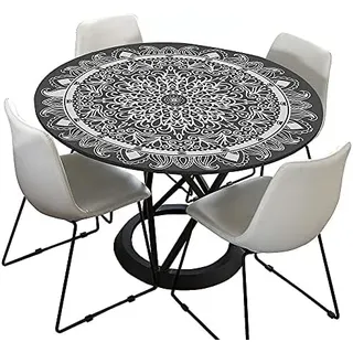 Morbuy Tischdecke Outdoor Rund 180 cm, Elastisch Rund Abwaschbar Tischdecken Wasserabweisend Lotuseffekt Garten Tischdecke Schwarz Mandala Table Cloth, Ideal für 160cm-170cm