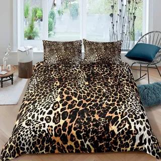 Loussiesd Leoparden Druck Bettwäsche Set 200x200cm Leoparden Bettbezug-Set Safari Cheetah Drucken Bettwäsche Mädchen Frauen Weich Mikrofaser Wild Tiere Thema Bettwäsche Set Braun Wildlife Stil