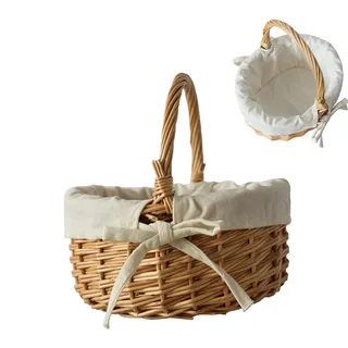 Weidenkorb Mit Henkels - Osterkörbchen Kinder, Geflochten Einkaufskorb Weidenkorb, Mit Baumwolle Stoffbezug, Rattan Picknickkorb, Obstkorb Erntekorb Tragekorb, Picknickkorb, Zum Einkaufen, Picknick
