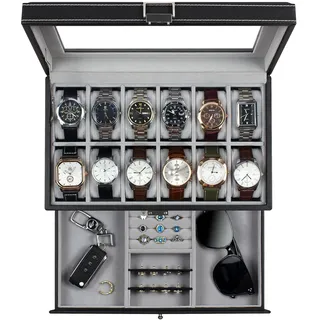 GUKA Uhrenbox mit 12 Fächern, Leder-Schmuckkästchen, Schublade, Glas, Geburtstag für Männer, Frauen, Kinder, Ehemann, Vater