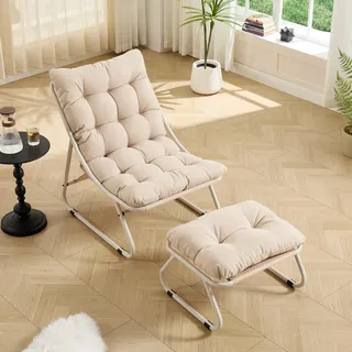 Ball & Cast Outdoor Loungesessel mit Hocker und abnehmbarem Kissen, Relaxsessel für Garten, Terrasse, Balkon, Wohnzimmer & Schlafzimmer, Beige