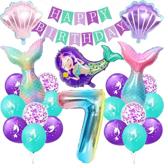 Meerjungfrau Luftballon, Meerjungfrau Geburtstag Deko 7 Jahre,Kindergeburtstag Luftballon Mädchen,Meerjungfrauen Thema Party Set mit Folienballon,Happy Birthday Banner