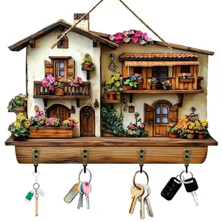 Schlüsselbrett Modern, Holz Schlüsselablage Flur mit 4 Schlüsselhaken, 2D Gartencottage-Design Schlüsselleiste Schlüsselhalter Wand, Schlüsselaufbewahrung für Zimmer Eingangsbereich Hut Regenschirm
