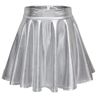 Odosalii Damen Stretch Skater Röcke Informell Mini Glocken Rock Hohe Taille Metallischer Faltenrock, Silber, M - M