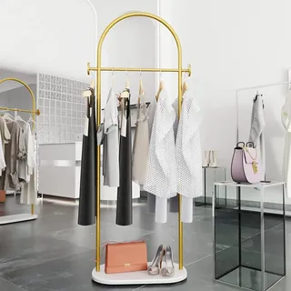 HKaikzo Goldfarbener Kleiderständer, moderne Garderobenständer, freistehend, zum Aufhängen von Kleidung, robuster Kleiderständer mit Marmorsockel, für Schlafzimmer, Badezimmer, Boutiquen, 59.9 cm B