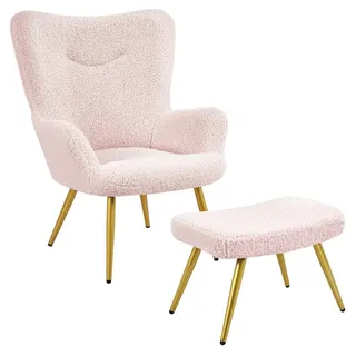 Yaheetech Relaxsessel Ohrensessel mit Hocker, Loungesessel mit Klappbarer Rückenlehne rosa