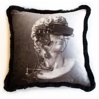 Casa Padrino Luxus Deko Kissen Cyber Barock Büste Grau / Weiß / Schwarz 45 x 45 cm - Bedrucktes Samt Kissen mit Fransen - Luxus Deko Accessoires