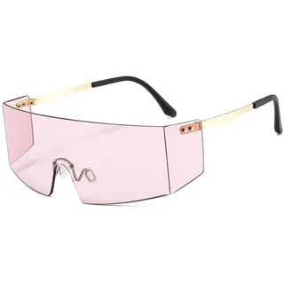FORLUZ Modische randlose Sonnenbrille für Damen und Herren, große flache Brille, übergroße Spiegelbrille, UV400 (C6 Gold-Pink) - Einheitsgröße