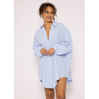 SASSYCLASSY Longbluse Oversize Musselin Bluse Damen Langarm Hemdbluse lang aus Baumwolle mit V-Ausschnitt, One Size (Gr. 36-48) blau