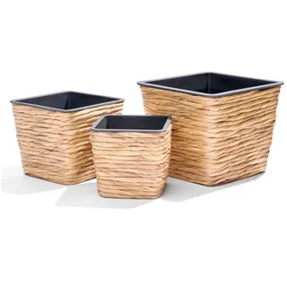 INtrenDU Blumentopf Seegras Eckig 3er Set mit Innentopf (Schwarz – Pflanzkorb Geflochten Uebertopf Boho Deko, Pflanztopf Quadratisch 3 Groessen fuer Zimmerpflanzen) braun