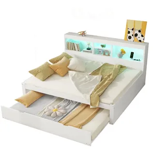 STILVORA Schlafsofa 140x200 mit LED-Beleuchtung, ausziehbares Daybett mit Stauraum, USB und Steckdosen, platzsparendes Funktionssofa aus MDF/Spanplatte, Weiß
