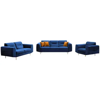 Beautysofa Polstergarnitur VENEZIA Die Lieferung beinhaltet Beiträge zur Wohnung, (Sessel + 2-Sitzer Sofa + 3-Sitzer Sofa im modernes Design), mit Metallbeine, Couchgarnituren aus Velours blau