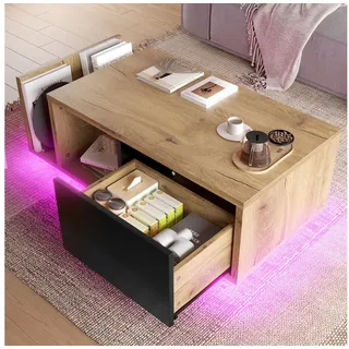 STILVORA Couchtisch mit LED-Beleleuchtung,Wohnzimmertisch Sofatisch mit Schublade&Staufach (dimmbare Lichtatmosphäre, als Raumteiler und Beistelltisch verwendbar), Multifunktionales Retro-Sideboard beige
