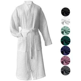 heimtexland Bademantel Reisebademantel Saunamantel Waffelpique Bademantel, Midilänge, Baumwolle, 2 Taschen I Bindegürtel, Gürtel, leicht I atmungsaktiv I kleines Packmaß I 100% Baumwolle weiß L