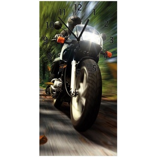 Wallario Wanduhr Fahrendes Motorrad im Wald mit Herbstlaub (Glasuhr) 30 cm x 60 cm