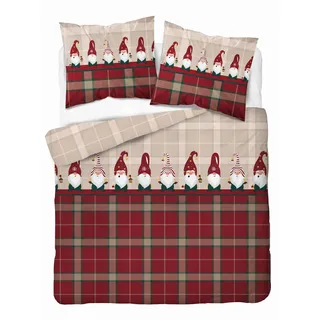 Weihnachts-Bettwäsche-Set 220x200 Weihnachtselfen Rot Kariert 100% Baumwolle