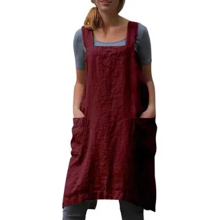 Hawholm Japanische Schürze, Kittel, Baumwollschürze mit Taschen, Übergröße, Schürzen für Damen, Weinrot, 3XL