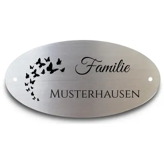 Türschild Oval Edelstahl 100mm / 150mm | Viele Motive Türschild Klingelschild Grabschild Wunschtext Personalisiert mit Gravur (Schmetterlinge)