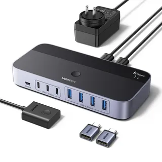 UGREEN USB Switch 2 In 7 Out USB 3.0 Switch USB Umschalter 2 PC | 5Gbps USB Switch: 2 PCs teilen 7 Geräte (4xUSB-A, 3xUSB-C). Alugehäuse, mit Fernbedienung, Netzteil & 2xUSB Kabel
