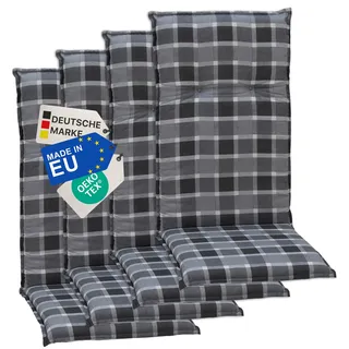 NYVI Gartenstuhl Auflagen Hochlehner 4er Set Barcelona - UV-Beständig, Atmungsaktiv, Strapazierfähig - Hochlehnerauflagen Sitzkissen Outdoor - Sitzauflagen für Gartenstühle 118x50cm Anthrazit kariert
