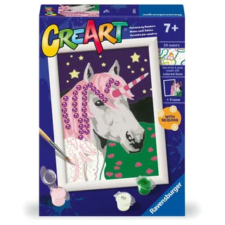 Ravensburger CreArt E-Serie: Einhorn mit Strasssteinen, Malen nach Zahlen für Erwachsene und Kinder, Gemälde nach Zahlen, inklusive komplettem Malset und Rahmen, für Kinder ab 7 Jahren, 18 x 13 cm