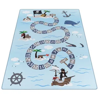 Stilvoll Günstig Kinderteppich für Spiel-Kinderzimmer Piraten-Design für Jungs und Mädchen, Rechteck, Höhe: 7 mm blau Rechteck | 100 cm x 150 cm x 7 mm