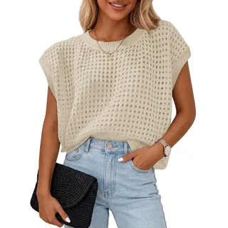 Chicrise Oberteil Damen Kurze Ärmel Mesh Loose Pullover Sommer Strick Netzshirt Häkel Beige X-Groß 46-48 XL - XL