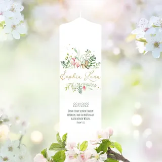 Taufkerze Junge Mädchen Blumen pastell personalisierbar bedruckt mit Namen Datum Taufspruch Taufgeschenk anpassbar, Taufkerze 25 x 7 cm